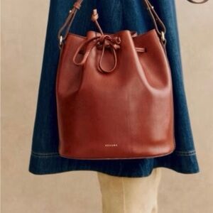 Sezane Farrow Brown Leather Drawstring Bucket Bag